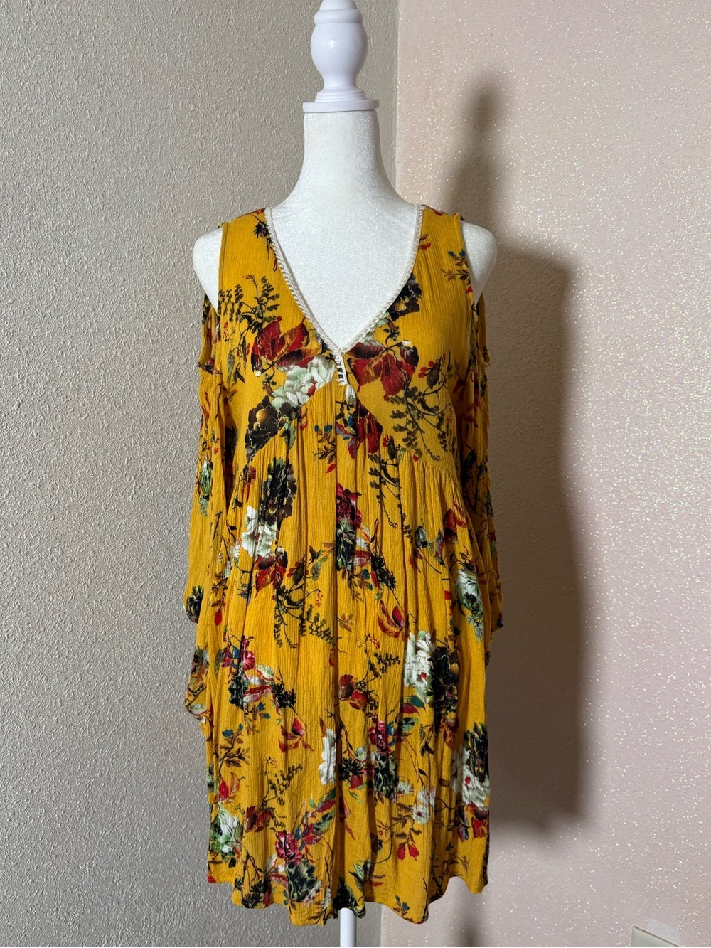 Umgee Mustard Floral Cold-Shoulder V-Neck Mini Dress